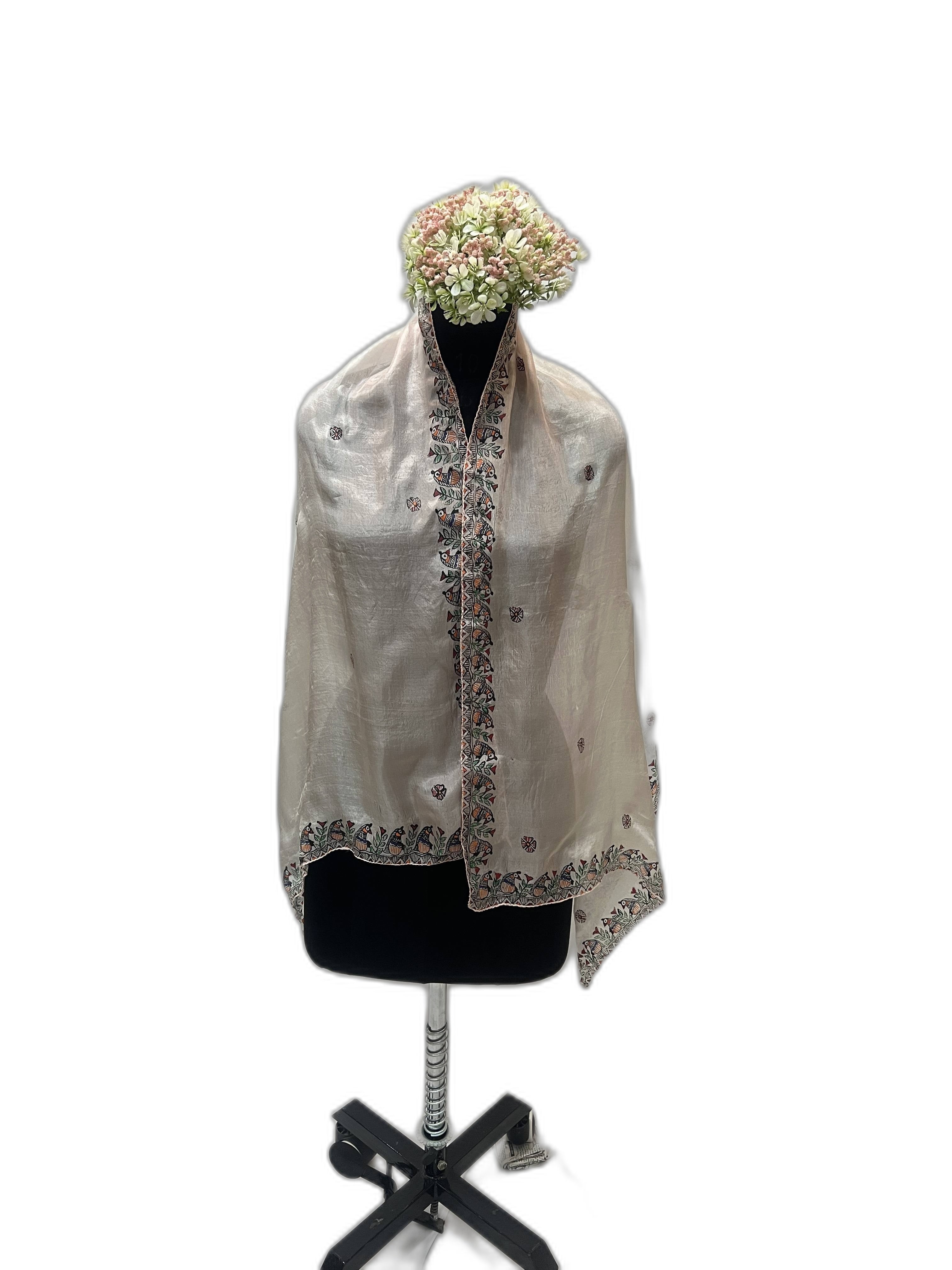 Handpainted Madhubani Stole on Tabby Silk with Bird Motif